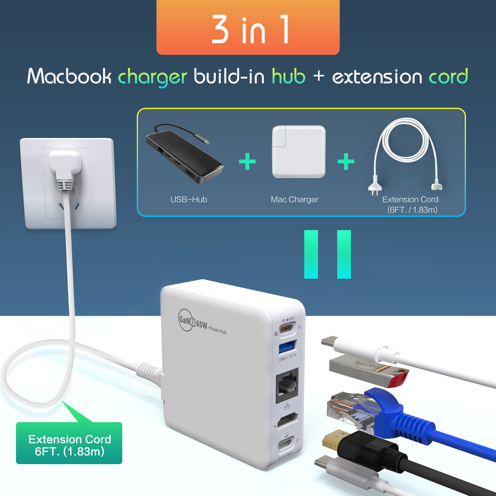 65W macbook charger and HUB